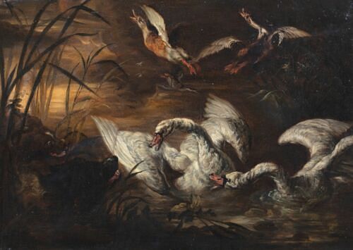  DOGS ATTACKING SWANS AND DUCKS OIL PAINTING