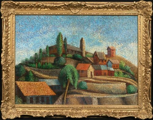 VIEW OF A HILLSIDE COMMUNE OIL PAINTING