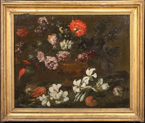  STILL LIFE OF FLOWERS & A PARROT OIL PAINTING
