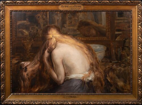 PORTRAIT OF A LADY BRUSHING HER HAIR OIL PAINTING