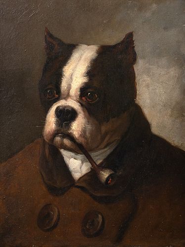 PORTRAIT OF AMERICAN BULLDOG  SMOKING A PIPE OIL PAINTING