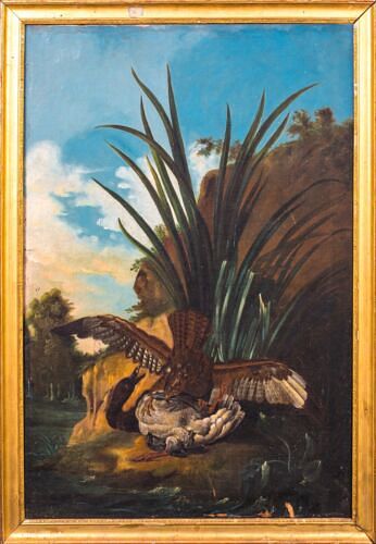  SCENE OF A HAWK ATTACKING A DUCK OIL PAINTING