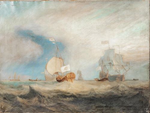 SCENE OF ADMIRAL VON TRUMPS BARGE OFF TEXEL OIL PAINTING