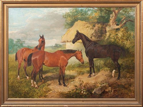  THREE HORSES IN A WOODLAND LANDSCAPE OIL PAINTING