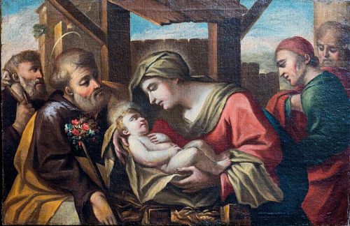 THE HOLY FAMILY & ATTENDANTS OIL PAINTING
