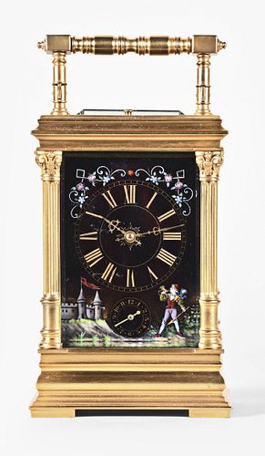 An exceptional late 19th century French hour repeating carriage clock with Limoges panels