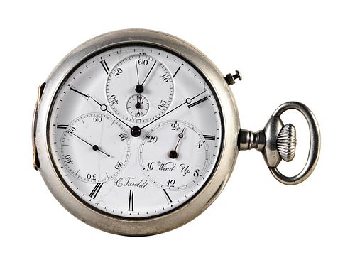 A later 19th century two train pocket chronograph with jumping fifth seconds by Charles Fasoldt
