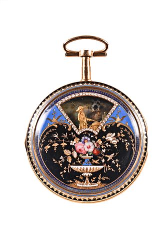 A fine and rare polychrome enameled gold pocket watch with automata by Bouvier Freres