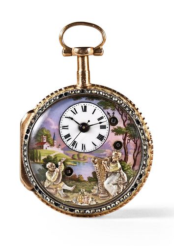 A rare early 19th century Swiss pocket watch with musical automata by Piguet & Meylan