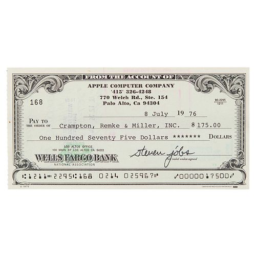 Steve Jobs Signed Check (1976) to Early Apple Computer Consulting Firm