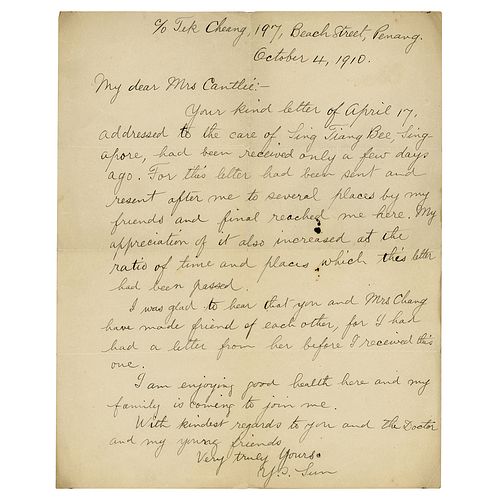 Sun Yat-sen Autograph Letter Signed to Mrs. Cantlie