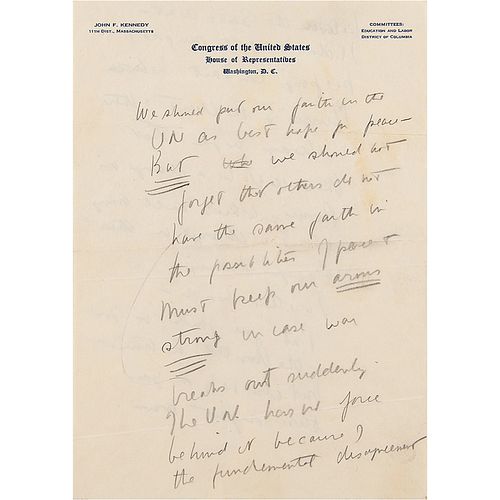 John F. Kennedy Handwritten Statement on United Nations
