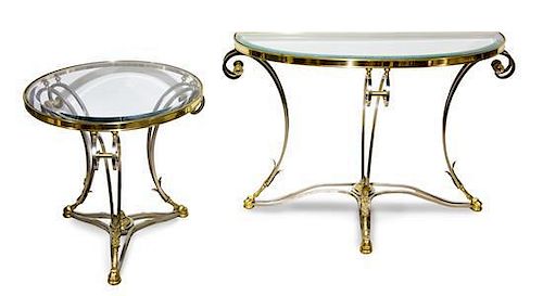 Two Neoclassical Style Brass and Steel Tables, Height of first 30 1/4 x width 43 1/2 x depth 17 1/3 inches.