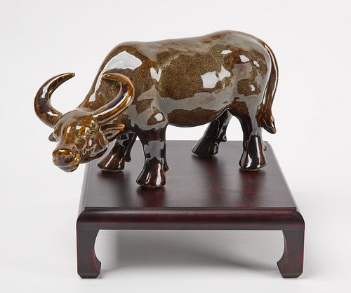 Glazed Ceramic Water Buffalo on Stand