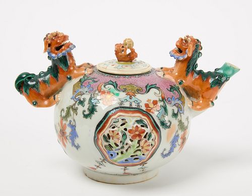 Asian Porcelain Teapot with Foo Dogs