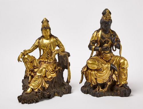 Pair of Guan Yin Gilded Bronze Chinese Figures