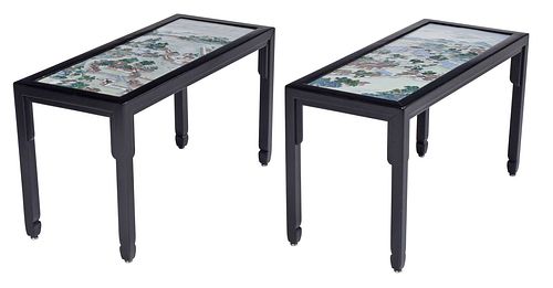 Pair of Chinese Black Lacquer and Polychrome Porcelain Plaque Tables