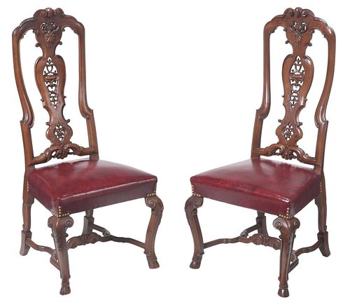 Pair Portuguese Baroque Style Carved Walnut Leather Upholstered Side Chairs
