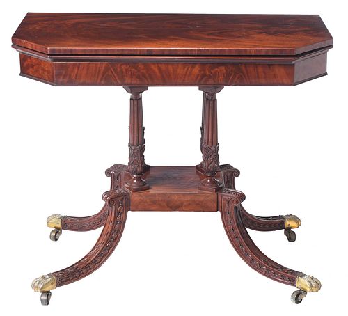 Rare Charleston Attributed Classical Carved Figured Mahogany Card Table