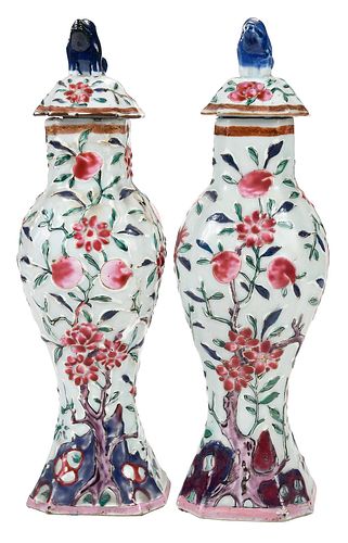 Pair of Chinese Polychrome Porcelain Lidded Vases
