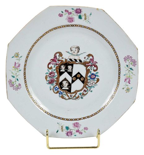 Chinese Export Porcelain Armorial Octagonal Plate, Vaughan and Hallowell