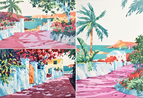 3 Ken Hawk Watercolor Paintings, Tropical Landscapes