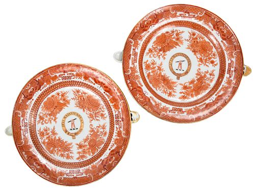 Pair of Chinese Export Porcelain Armorial Hot Water Plates, Nesbit