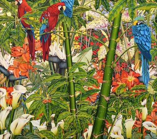 Jeanine Hough Painting, Tropical Flora & Macaws