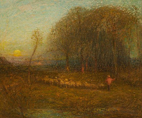 Charles Melville Dewey (1849-1937), A farmer herding sheep, Oil on panel, 29" H x 34" W