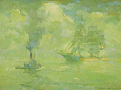 Armin Hansen (1886-1957), "Making Port," Oil on canvas laid to board, 12" H x 16" W