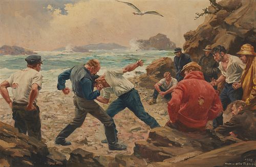 Anton Otto Fischer (1882-1962), Brawl on the beach, 1929, Oil on canvas, 24" H x 36" W