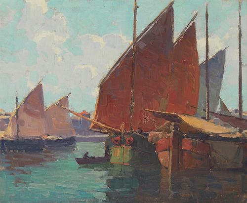 Edgar Alwin Payne, (1883-1947), Brittany Boats in Harbor, Oil on canvas, 20" H X 24" W