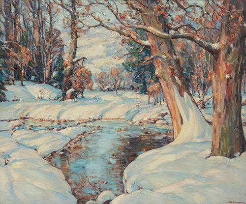 Ivan Summers (1889-1964), Stream through a winter landscape, Oil on canvas, 25" H x 30" W