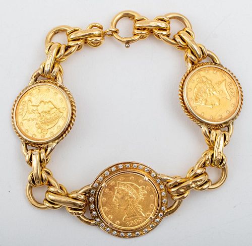 US Liberty Head Gold Coin Diamond 18K/14K Bracelet