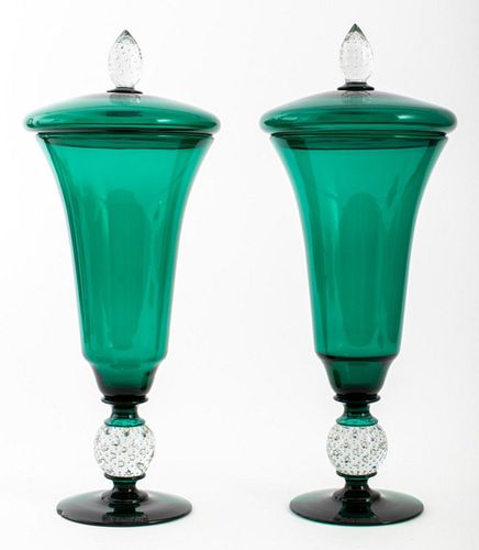 Venetian Murano Green and Colorless Glass Jars, 2