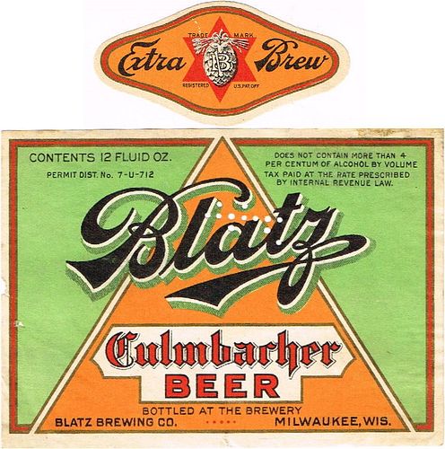 1933 Blatz Culmbacher Beer 12oz WI288-54 Label Milwaukee Wisconsin
