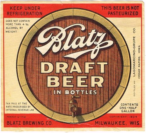 1934 Blatz Draft Beer Half Gallon Picnic WI288-77V Label Milwaukee Wisconsin