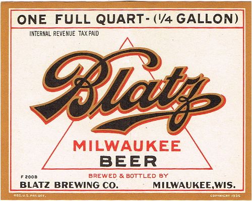 1940 Blatz Milwaukee Beer 32oz One Quart WI288-78V Label Milwaukee Wisconsin