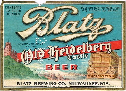 1936 Blatz Old Heidelberg Castle Beer 12oz WI288-53v6 Label Milwaukee Wisconsin