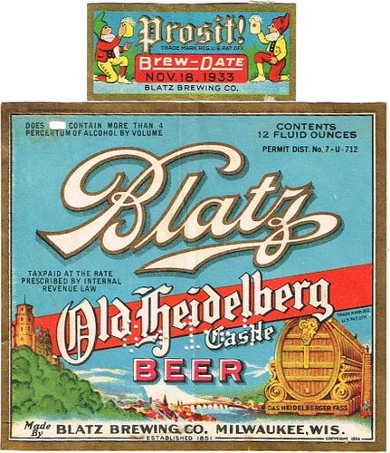 1933 Blatz Old Heidelberg Castle Beer 12oz WI288-53v2 Label Milwaukee Wisconsin