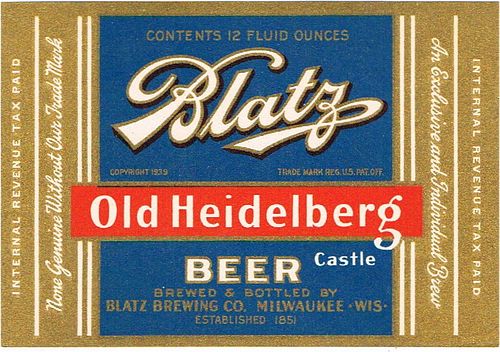 1939 Blatz Old Heidelberg Castle Beer 12oz WI288-63V Label Milwaukee Wisconsin