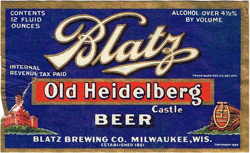 1938 Blatz Old Heidelberg Castle Beer 12oz WI288-61 Label Milwaukee Wisconsin