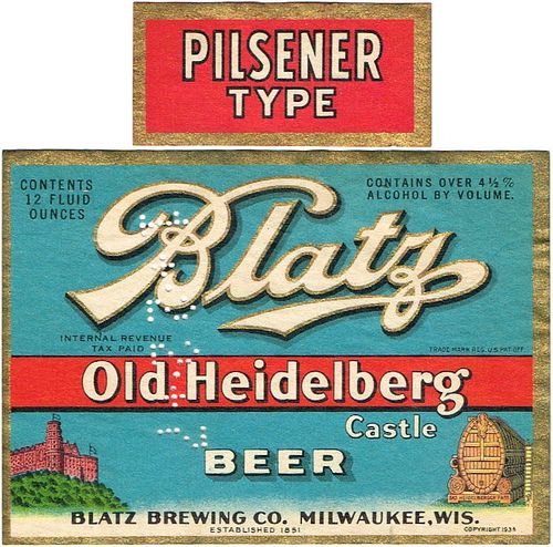 1935 Blatz Old Heidelberg Castle Beer 12oz WI288-61v0 Label Milwaukee Wisconsin