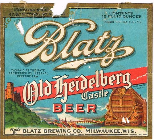 1933 Blatz Old Heidelberg Castle Beer 12oz WI288-53v3 Label Milwaukee Wisconsin