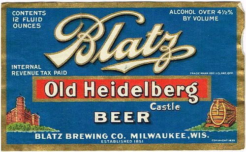 1938 Blatz Old Heidelberg Castle Beer 12oz WI288-61v Label Milwaukee Wisconsin