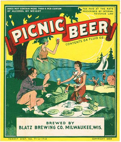 1934 Blatz Picnic Beer Half Gallon Picnic WI288-69 Label Milwaukee Wisconsin