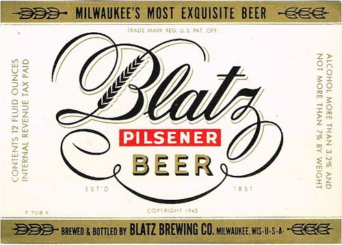 1946 Blatz Pilsener Beer 12oz WI288-81 Label Milwaukee Wisconsin