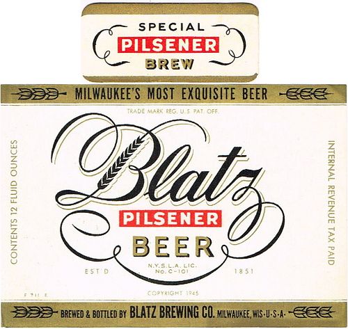 1946 Blatz Pilsener Beer (NY Lic.) 12oz WI288-81v3 Label Milwaukee Wisconsin