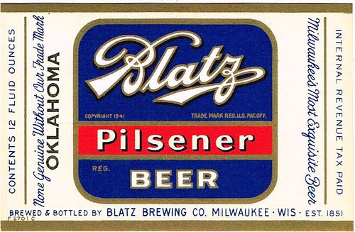 1941 Blatz Pilsener Beer (Oklahoma) 12oz WI288-73v1 Label Milwaukee Wisconsin