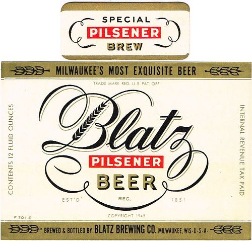 1946 Blatz Pilsener Beer (Reg) 12oz WI288-81v2 Label Milwaukee Wisconsin